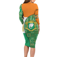Ivory Coast Long Sleeve Bodycon Dress with Elephant Crest and Tribal Pattern Design - Wonder Print Shop