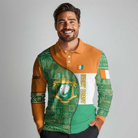 Ivory Coast Long Sleeve Polo Shirt with Elephant Crest and Tribal Pattern Design - Wonder Print Shop