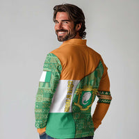 Ivory Coast Long Sleeve Polo Shirt with Elephant Crest and Tribal Pattern Design - Wonder Print Shop