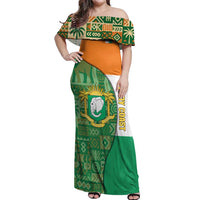 Ivory Coast Off Shoulder Maxi Dress with Elephant Crest and Tribal Pattern Design - Wonder Print Shop