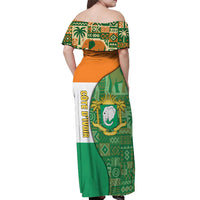 Ivory Coast Off Shoulder Maxi Dress with Elephant Crest and Tribal Pattern Design - Wonder Print Shop