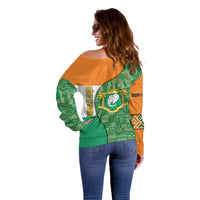 Ivory Coast Off Shoulder Sweater with Elephant Crest and Tribal Pattern Design - Wonder Print Shop
