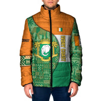 Ivory Coast Padded Jacket with Elephant Crest and Tribal Pattern Design - Wonder Print Shop