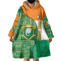 Ivory Coast Wearable Blanket Hoodie with Elephant Crest and Tribal Pattern Design - Wonder Print Shop