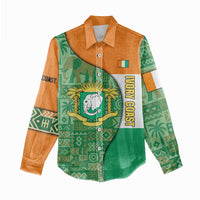 Ivory Coast Women Casual Shirt with Elephant Crest and Tribal Pattern Design - Wonder Print Shop