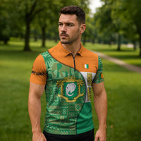 Ivory Coast Zipper Polo Shirt with Elephant Crest and Tribal Pattern Design - Wonder Print Shop
