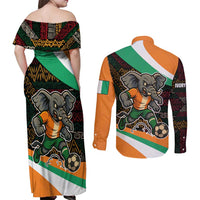 Ivory Coast Couples Matching Off Shoulder Maxi Dress and Long Sleeve Button Shirt with Soccer Elephant and Tribal Pattern Design - Wonder Print Shop