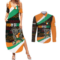 Ivory Coast Couples Matching Summer Maxi Dress and Long Sleeve Button Shirt with Soccer Elephant and Tribal Pattern Design - Wonder Print Shop