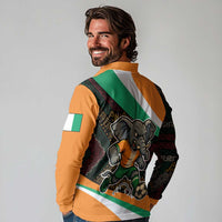 Ivory Coast Long Sleeve Polo Shirt with Soccer Elephant and Tribal Pattern Design - Wonder Print Shop