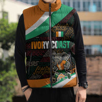 Ivory Coast Sleeveless Puffer Jacket with Soccer Elephant and Tribal Pattern Design - Wonder Print Shop