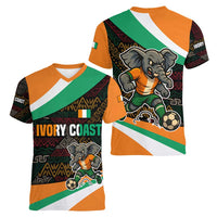 Ivory Coast Women V-Neck T-Shirt with Soccer Elephant and Tribal Pattern Design - Wonder Print Shop