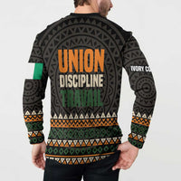 Ivory Coast Button Sweatshirt with Ethnic Geometric Pattern and National Motto Design - Wonder Print Shop