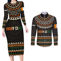 Ivory Coast Couples Matching Long Sleeve Bodycon Dress and Long Sleeve Button Shirt with Ethnic Geometric Pattern and National Motto Design - Wonder Print Shop