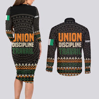 Ivory Coast Couples Matching Long Sleeve Bodycon Dress and Long Sleeve Button Shirt with Ethnic Geometric Pattern and National Motto Design - Wonder Print Shop
