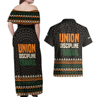 Ivory Coast Couples Matching Off Shoulder Maxi Dress and Hawaiian Shirt with Ethnic Geometric Pattern and National Motto Design - Wonder Print Shop