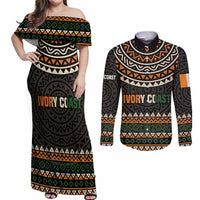 Ivory Coast Couples Matching Off Shoulder Maxi Dress and Long Sleeve Button Shirt with Ethnic Geometric Pattern and National Motto Design - Wonder Print Shop