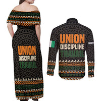 Ivory Coast Couples Matching Off Shoulder Maxi Dress and Long Sleeve Button Shirt with Ethnic Geometric Pattern and National Motto Design - Wonder Print Shop