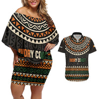 Ivory Coast Couples Matching Off Shoulder Short Dress and Hawaiian Shirt with Ethnic Geometric Pattern and National Motto Design - Wonder Print Shop