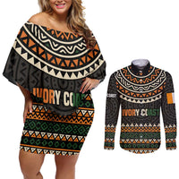 Ivory Coast Couples Matching Off Shoulder Short Dress and Long Sleeve Button Shirt with Ethnic Geometric Pattern and National Motto Design - Wonder Print Shop