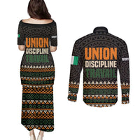 Ivory Coast Couples Matching Puletasi and Long Sleeve Button Shirt with Ethnic Geometric Pattern and National Motto Design - Wonder Print Shop