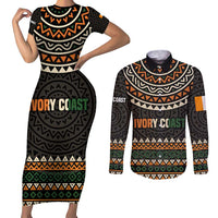 Ivory Coast Couples Matching Short Sleeve Bodycon Dress and Long Sleeve Button Shirt with Ethnic Geometric Pattern and National Motto Design - Wonder Print Shop