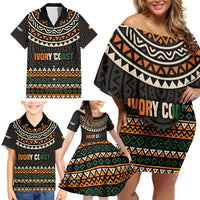 Ivory Coast Family Matching Off Shoulder Short Dress and Hawaiian Shirt with Ethnic Geometric Pattern and National Motto Design - Wonder Print Shop