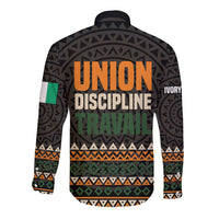 Ivory Coast Long Sleeve Button Shirt with Ethnic Geometric Pattern and National Motto Design - Wonder Print Shop