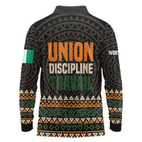 Ivory Coast Long Sleeve Polo Shirt with Ethnic Geometric Pattern and National Motto Design - Wonder Print Shop