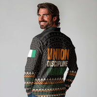 Ivory Coast Long Sleeve Polo Shirt with Ethnic Geometric Pattern and National Motto Design - Wonder Print Shop