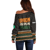 Ivory Coast Off Shoulder Sweater with Ethnic Geometric Pattern and National Motto Design - Wonder Print Shop
