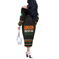 Ivory Coast Off The Shoulder Long Sleeve Dress with Ethnic Geometric Pattern and National Motto Design - Wonder Print Shop