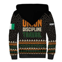 Ivory Coast Sherpa Hoodie with Ethnic Geometric Pattern and National Motto Design - Wonder Print Shop