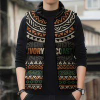 Ivory Coast Sleeveless Puffer Jacket with Ethnic Geometric Pattern and National Motto Design - Wonder Print Shop