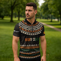 Ivory Coast Zipper Polo Shirt with Ethnic Geometric Pattern and National Motto Design - Wonder Print Shop