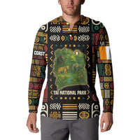 Ivory Coast Button Sweatshirt with Taï National Park Wildlife Map Design - Wonder Print Shop