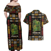 Ivory Coast Couples Matching Off Shoulder Maxi Dress and Hawaiian Shirt with Taï National Park Wildlife Map Design - Wonder Print Shop
