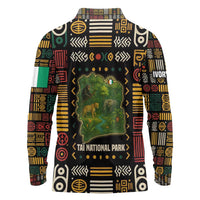 Ivory Coast Long Sleeve Polo Shirt with Taï National Park Wildlife Map Design - Wonder Print Shop