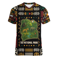 Ivory Coast Women V-Neck T-Shirt with Taï National Park Wildlife Map Design - Wonder Print Shop