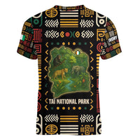 Ivory Coast Women V-Neck T-Shirt with Taï National Park Wildlife Map Design - Wonder Print Shop