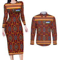 Uzbekistan Couples Matching Long Sleeve Bodycon Dress and Long Sleeve Button Shirt with Traditional Geometric Motif Design - Wonder Print Shop