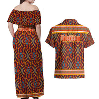 Uzbekistan Couples Matching Off Shoulder Maxi Dress and Hawaiian Shirt with Traditional Geometric Motif Design - Wonder Print Shop