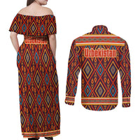 Uzbekistan Couples Matching Off Shoulder Maxi Dress and Long Sleeve Button Shirt with Traditional Geometric Motif Design - Wonder Print Shop
