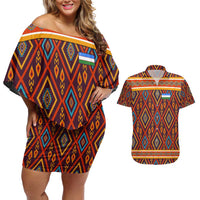 Uzbekistan Couples Matching Off Shoulder Short Dress and Hawaiian Shirt with Traditional Geometric Motif Design - Wonder Print Shop