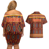 Uzbekistan Couples Matching Off Shoulder Short Dress and Hawaiian Shirt with Traditional Geometric Motif Design - Wonder Print Shop