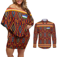 Uzbekistan Couples Matching Off Shoulder Short Dress and Long Sleeve Button Shirt with Traditional Geometric Motif Design - Wonder Print Shop