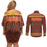 Uzbekistan Couples Matching Off Shoulder Short Dress and Long Sleeve Button Shirt with Traditional Geometric Motif Design - Wonder Print Shop