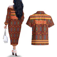 Uzbekistan Couples Matching Off The Shoulder Long Sleeve Dress and Hawaiian Shirt with Traditional Geometric Motif Design - Wonder Print Shop