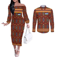 Uzbekistan Couples Matching Off The Shoulder Long Sleeve Dress and Long Sleeve Button Shirt with Traditional Geometric Motif Design - Wonder Print Shop