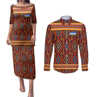 Uzbekistan Couples Matching Puletasi and Long Sleeve Button Shirt with Traditional Geometric Motif Design - Wonder Print Shop