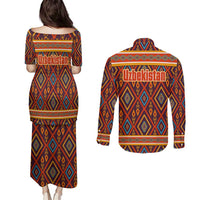 Uzbekistan Couples Matching Puletasi and Long Sleeve Button Shirt with Traditional Geometric Motif Design - Wonder Print Shop